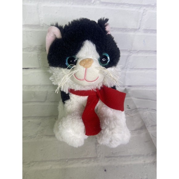 Walmart Black White Cat Kitten Red Bow Plush Stuffed Animal...